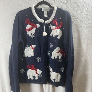 Woman's Navy Blue Holiday Sweater Cardigan Large Polar Bears Snowflakes